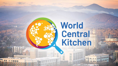 World Central Kitchen logo with Asheville, North Carolina in background